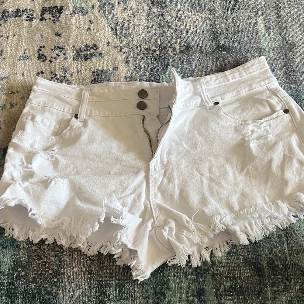 High-Rise Distressed White Denim Shorts